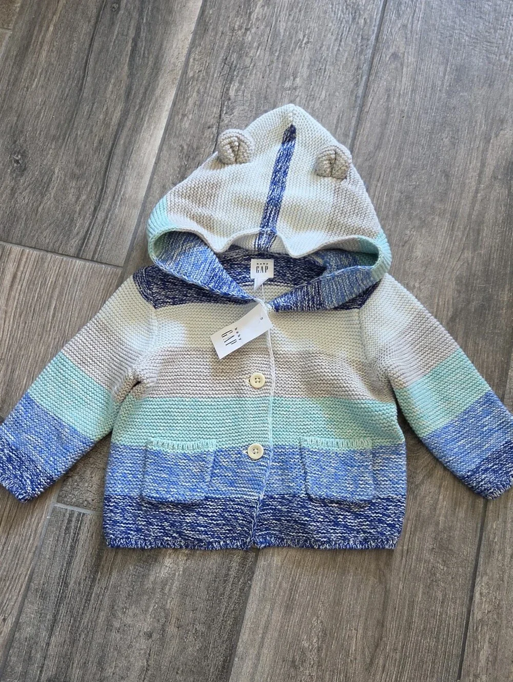 GAP Baby NWT 6-12 Months Blue/Teal Stripe Hooded Knit Cardigan